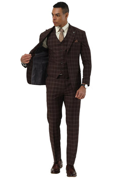 Men's Stacy Adams One Button Vested Peak Lapel Suit in Brown Plaid - Image 3