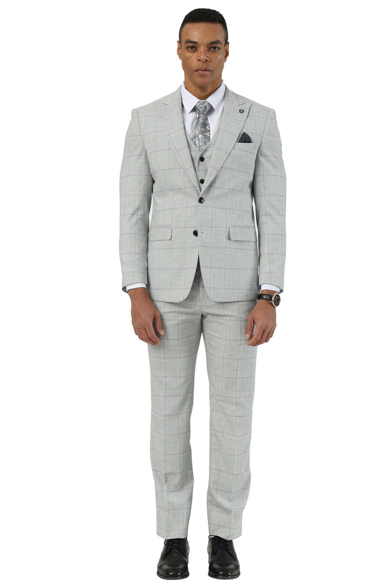 Men's Stacy Adams Two Button Vested Peak Lapel Suit in Light Grey Windowpane Plaid - Image 2