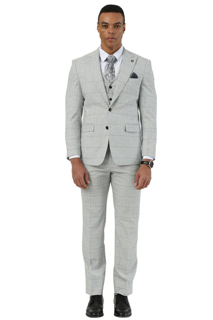 Men's Stacy Adams Two Button Vested Peak Lapel Suit in Light Grey Windowpane Plaid - Image 2