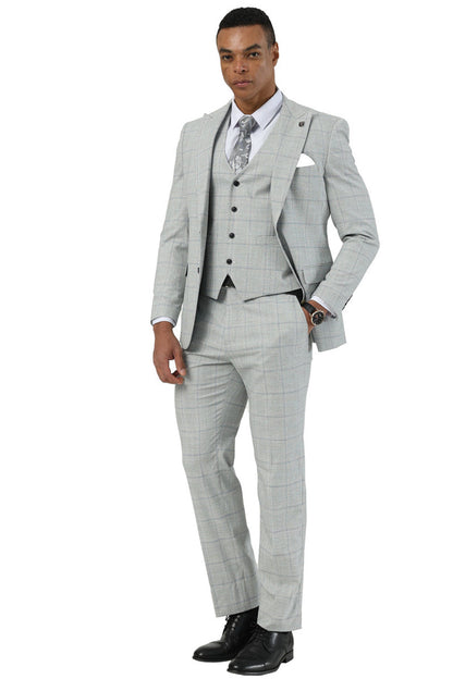 Men's Stacy Adams Two Button Vested Peak Lapel Suit in Light Grey Windowpane Plaid - Image 3