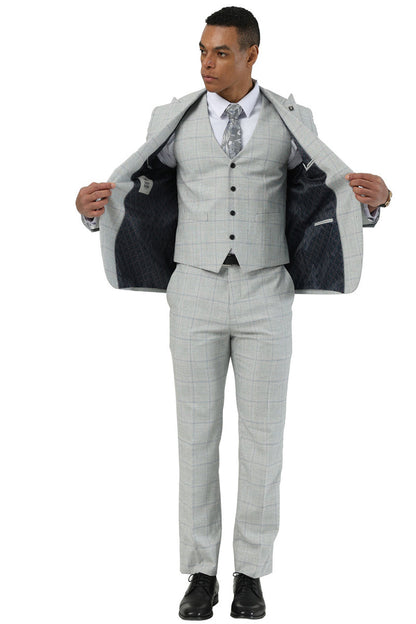 Men's Stacy Adams Two Button Vested Peak Lapel Suit in Light Grey Windowpane Plaid - Image 4