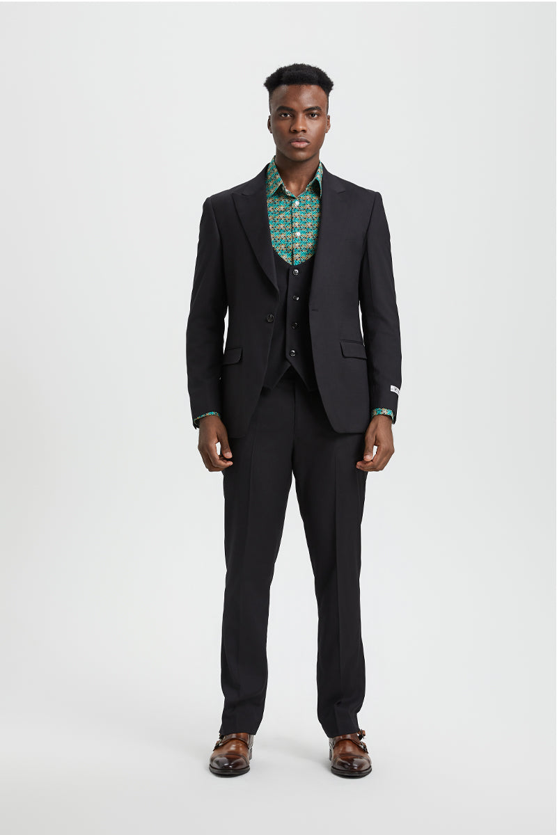 Men's Vested One Button Peak Lapel Stacy Adams Designer Suit in Black - Image 2