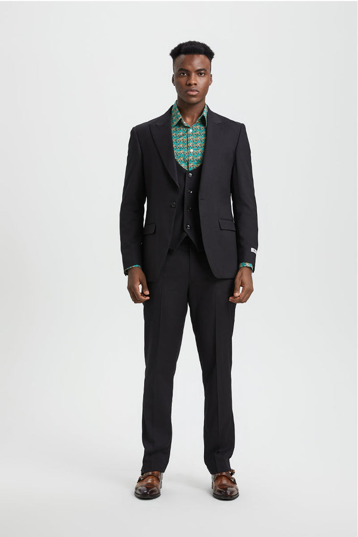 Men's Vested One Button Peak Lapel Stacy Adams Designer Suit in Black - Image 2