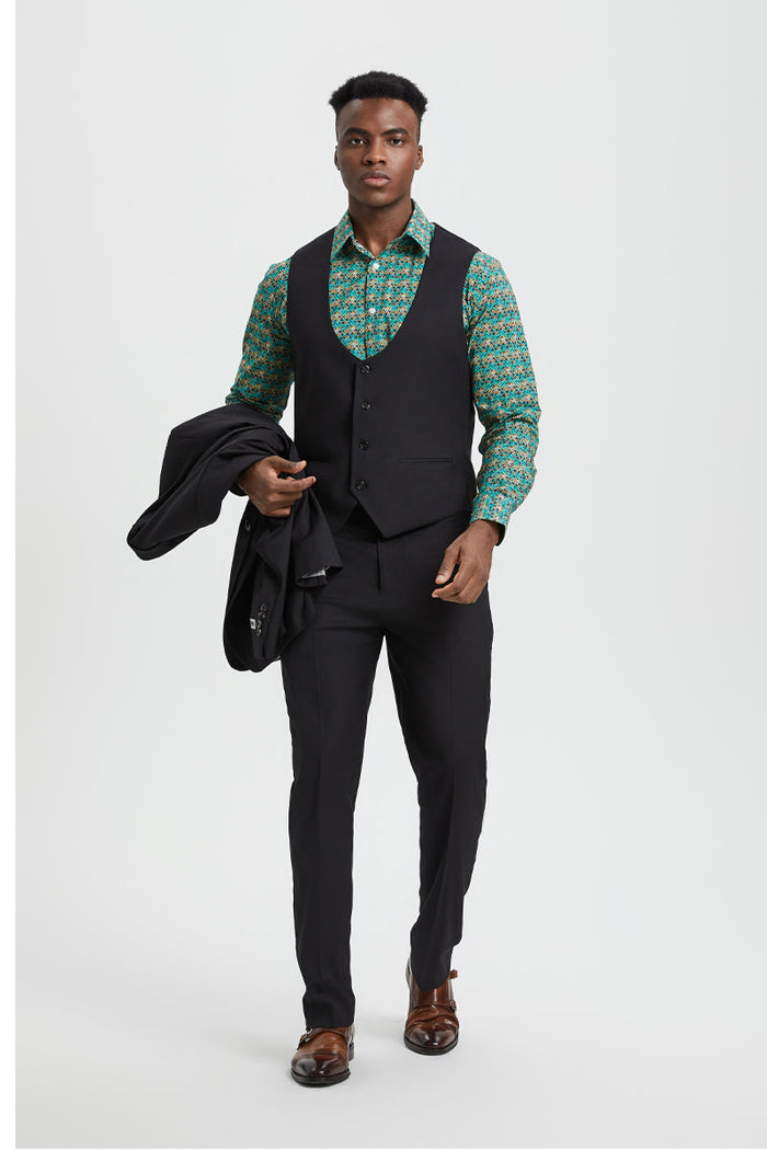 Men's Vested One Button Peak Lapel Stacy Adams Designer Suit in Black - Image 3