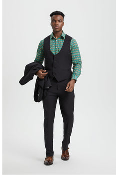 Men's Vested One Button Peak Lapel Stacy Adams Designer Suit in Black - Image 3