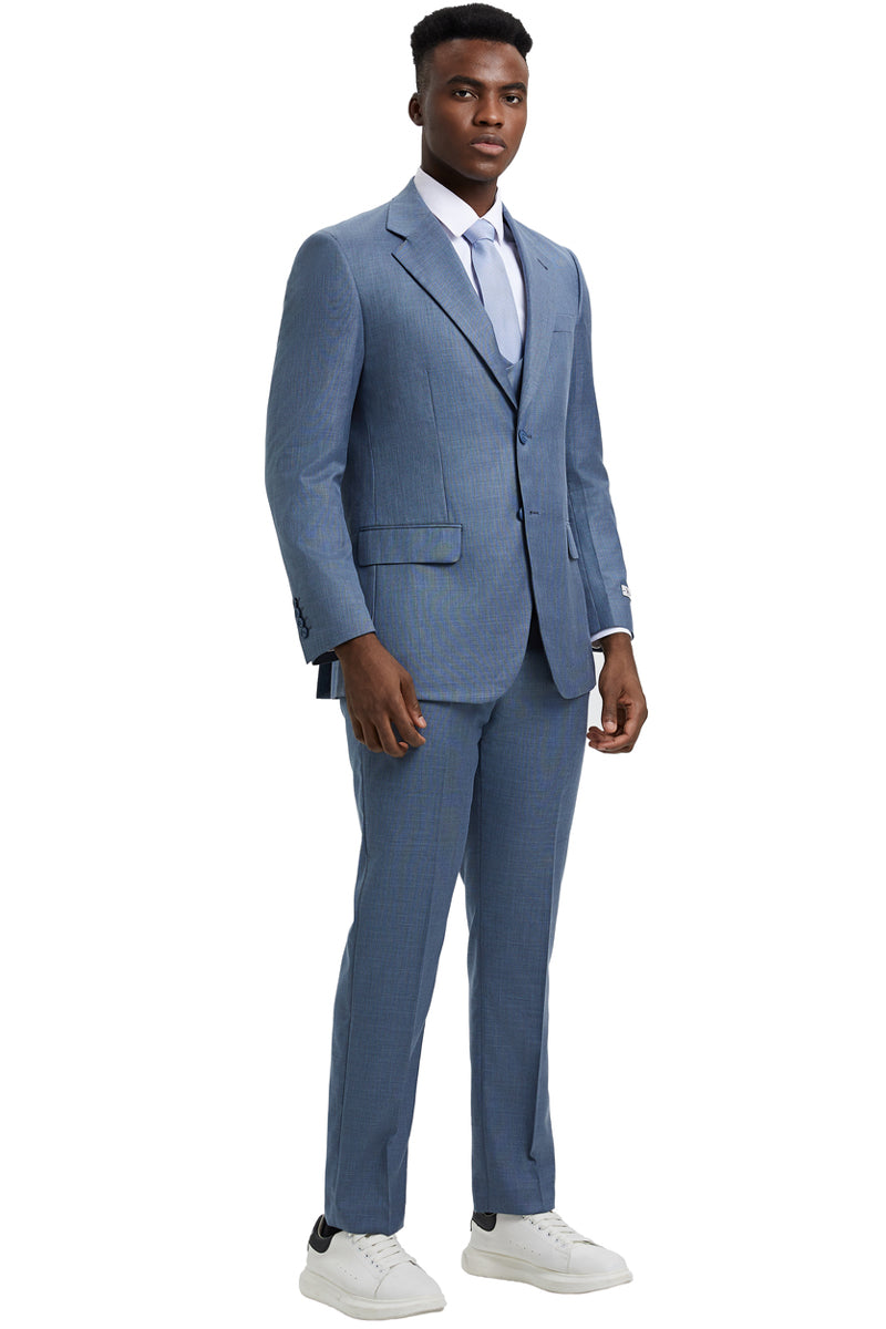 Men's Two Button Vested Stacy Adams Designer Sharkskin Suit in Steel Light Blue - Image 2
