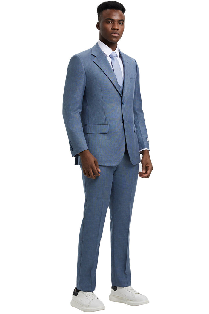 Men's Two Button Vested Stacy Adams Designer Sharkskin Suit in Steel Light Blue - Image 2