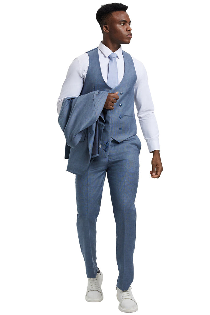Men's Two Button Vested Stacy Adams Designer Sharkskin Suit in Steel Light Blue - Image 3