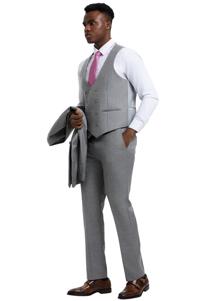 Men's Two Button Vested Stacy Adams Designer Sharkskin Suit in Light Grey - Image 3