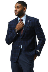 Men's Stacy Adams Modern Fit Business Sport Coat Blazer in Dark Navy Blue Plaid