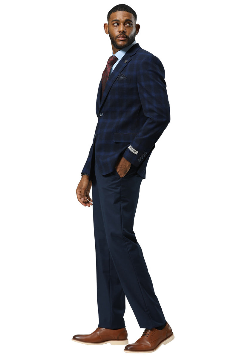 Men's Stacy Adams Modern Fit Business Sport Coat Blazer in Dark Navy Blue Plaid - Image 2
