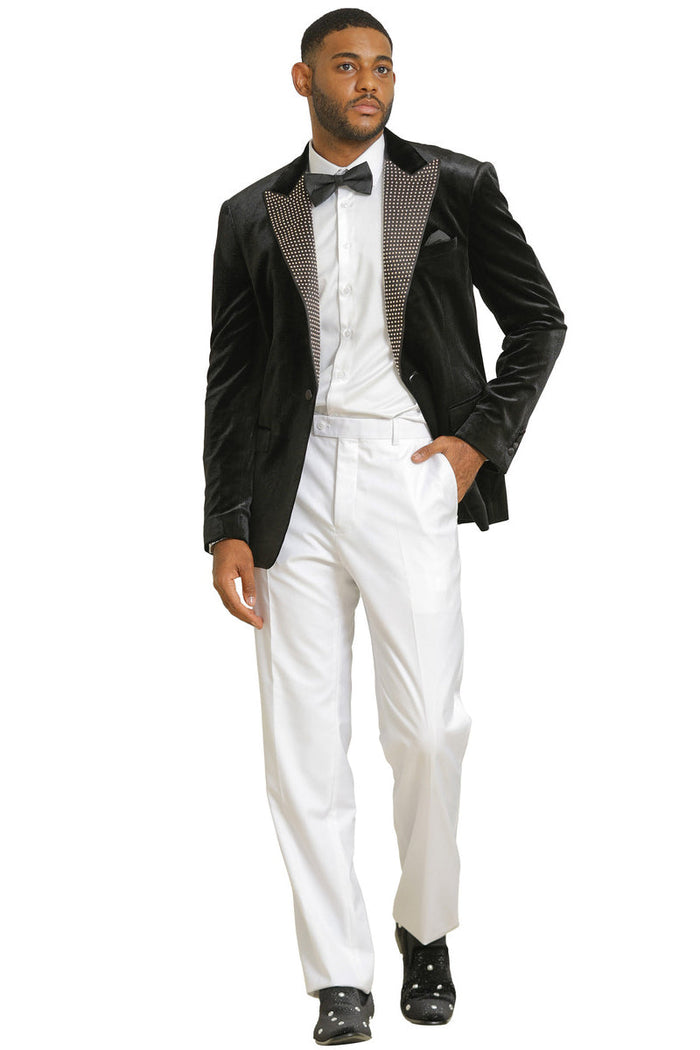 Mens Black Blazer - Men's Stacy Adams Velvet Wedding & Prom Tuxedo Jacket With Rhinestone sequin Adorned Lapel in Black - Image 2