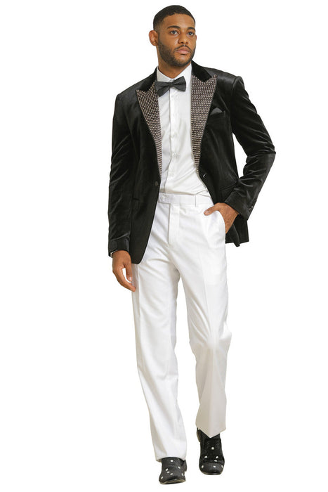 Mens Black Blazer - Men's Stacy Adams Velvet Wedding & Prom Tuxedo Jacket With Rhinestone Adorned Lapel in Black