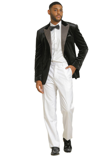 Men's Stacy Adams Velvet Wedding & Prom Tuxedo Jacket With Rhinestone Adorned Lapel in Black - Image 3