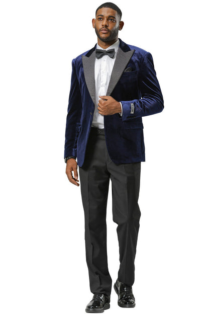Men's Stacy Adams Velvet Wedding & Prom Tuxedo Jacket With Rhinestone Adorned Lapel in Navy - Image 2