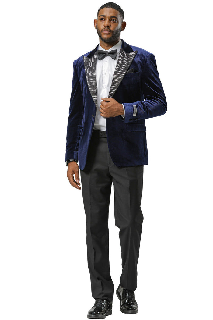 Men's Stacy Adams Velvet Wedding & Prom Tuxedo Jacket With Rhinestone Adorned Lapel in Navy - Image 2