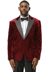 Men's Stacy Adams Velvet Wedding & Prom Tuxedo Jacket With Rhinestone Adorned Lapel in Burgundy