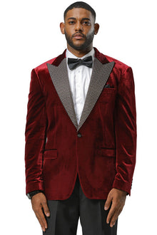 Men's Stacy Adams Velvet Wedding & Prom Tuxedo Jacket With Rhinestone Adorned Lapel in Burgundy