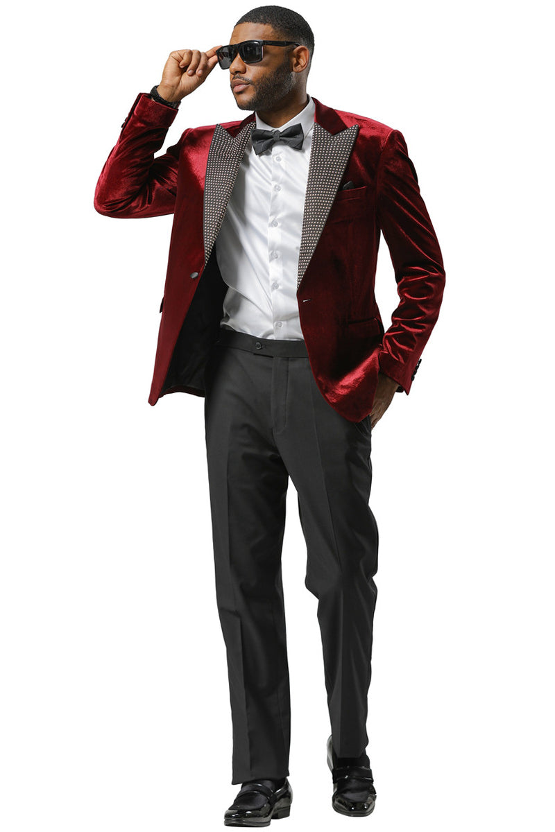 Men's Stacy Adams Velvet Wedding & Prom Tuxedo Jacket With Rhinestone Adorned Lapel in Burgundy - Image 2