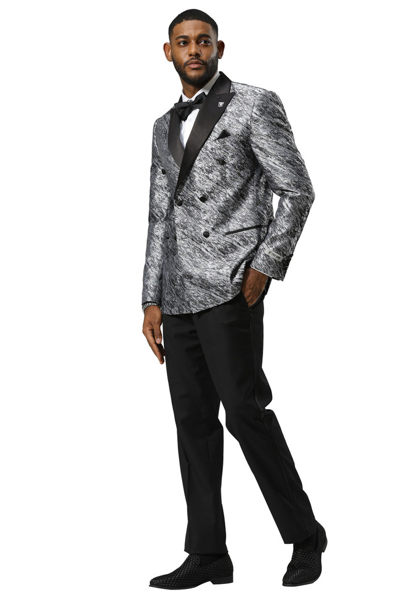 Men's Stacy Adams Double Breasted Wedding & Prom Tuxedo Jacket in Textured Shiny Silver Sharkskin - Image 2