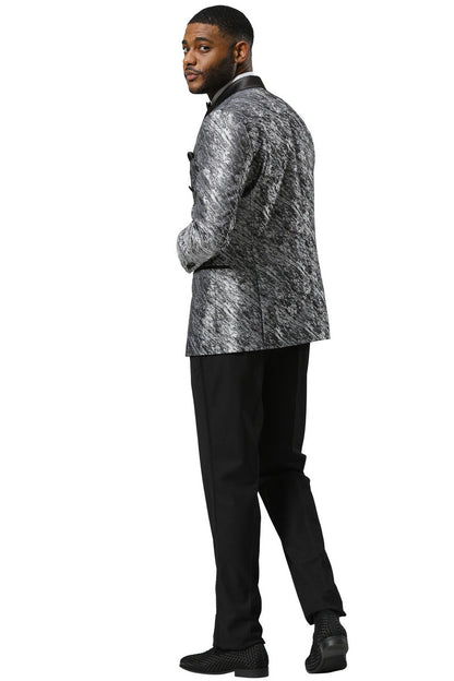 Men's Stacy Adams Double Breasted Wedding & Prom Tuxedo Jacket in Textured Shiny Silver Sharkskin - Image 3