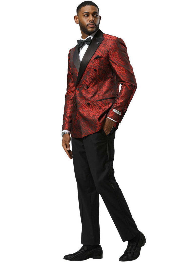 Men's Stacy Adams Double Breasted Wedding & Prom Tuxedo Jacket in Textured Shiny Red Sharkskin - Image 3