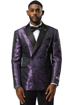 Men's Stacy Adams Double Breasted Wedding & Prom Tuxedo Jacket in Textured Shiny Purple Sharkskin
