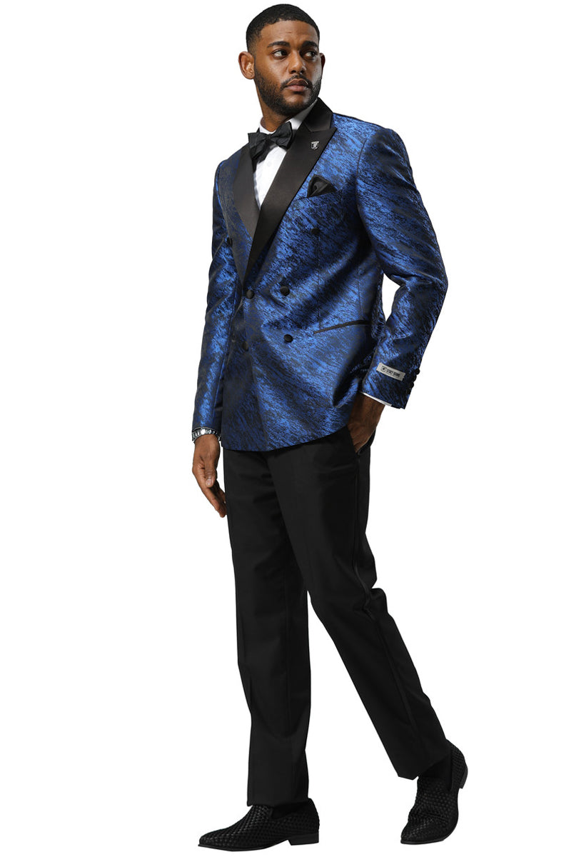 Men's Stacy Adams Double Breasted Wedding & Prom Tuxedo Jacket in Textured Shiny Royal Blue Sharkskin - Image 2