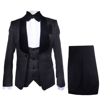 Rossi Man Men’s Black 3-Piece Tuxedo - Floral Jacquard Shawl Lapel Wedding and Prom Suit