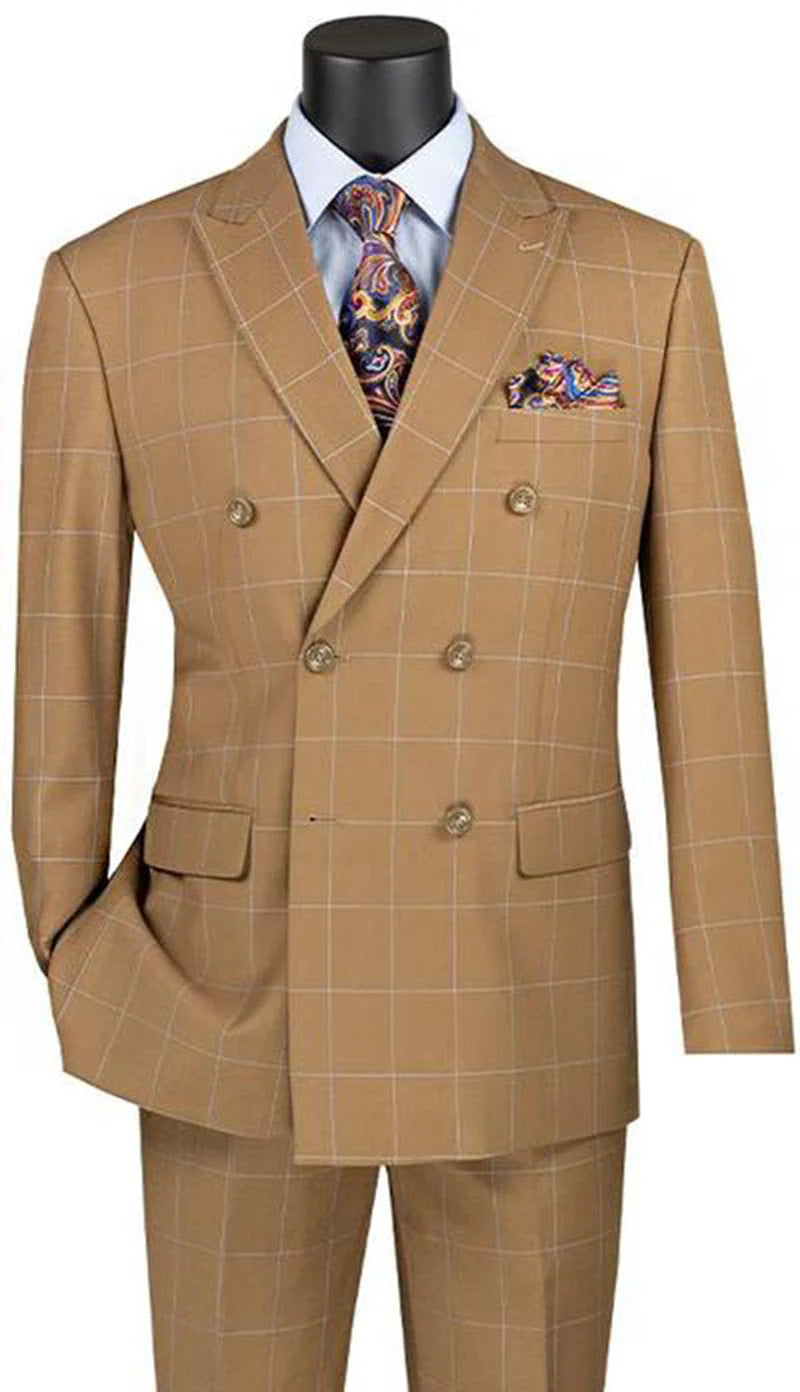 Naples Collection - Camel Double Breasted Windowpane Peak Lapel 2 Piece Suit Modern Fit