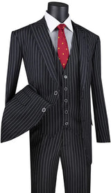 Odyssey Collection - Black Regular Fit 3 Piece Suit 2 Button Gangster Stripe Modern Fit