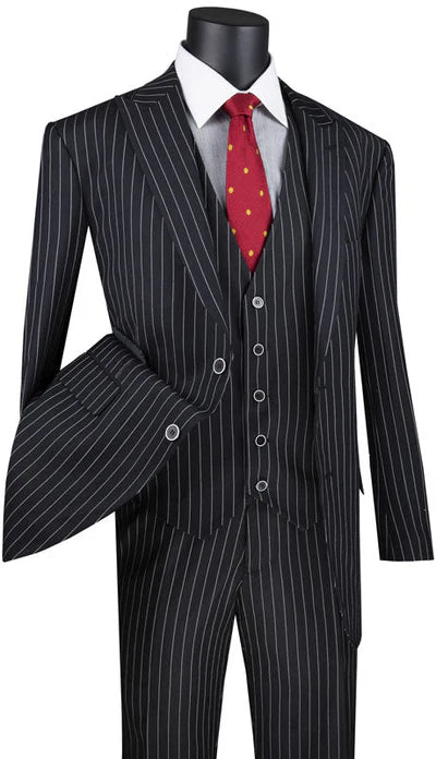Odyssey Collection - Black Regular Fit 3 Piece Suit 2 Button Gangster Stripe Modern Fit