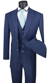 Odyssey Collection - Blue Regular Fit 3 Piece Suit 2 Button Gangster Stripe Modern Fit