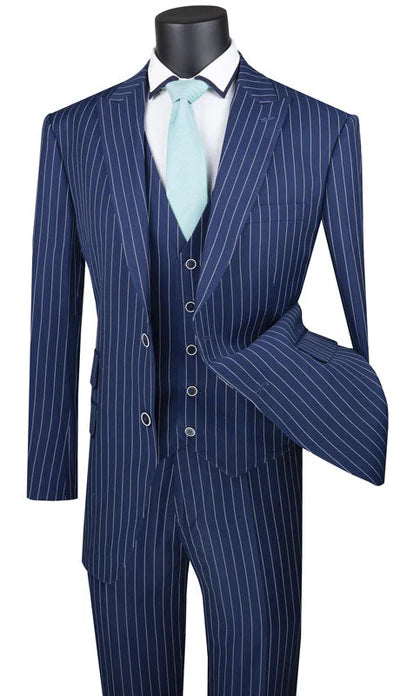 Odyssey Collection - Blue Regular Fit 3 Piece Suit 2 Button Gangster Stripe Modern Fit