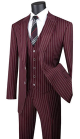 Odyssey Collection - Burgundy Regular Fit 3 Piece Suit 2 Button Gangster Stripe Modern Fit