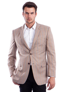 Saco vaquero - Western Sport Coat - Western Blazer- Men's Two Button Regular Fit Tan & Blue Double Windowpane Plaid Blazer