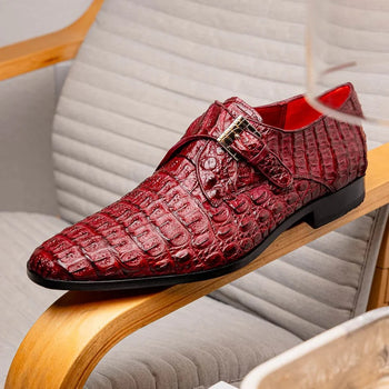 Marco Di Milano Rovigo Men's Shoes Wine Exotic Crocodile Skin Single Monk-strap Loafers - Image 7