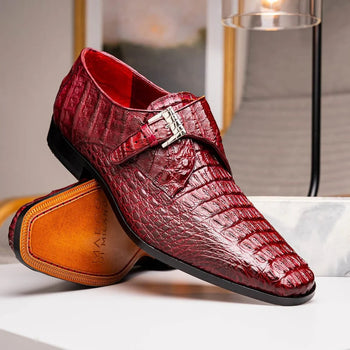 Marco Di Milano Rovigo Men's Shoes Wine Exotic Crocodile Skin Single Monk-strap Loafers - Image 10