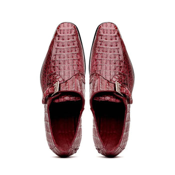 Marco Di Milano Rovigo Men's Shoes Wine Exotic Crocodile Skin Single Monk-strap Loafers - Image 3