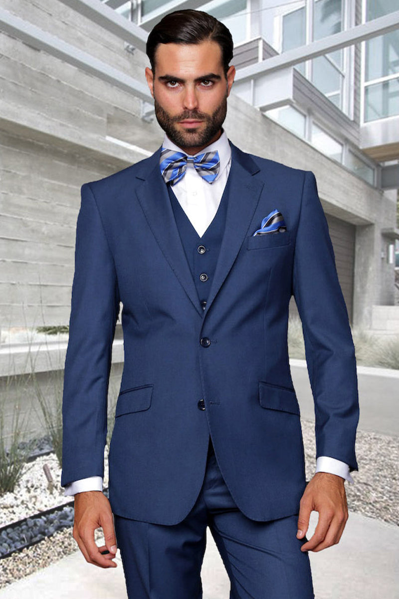 Men's  Designer Vested Extra Long Wool Suit in Indigo Blue Modern Fit