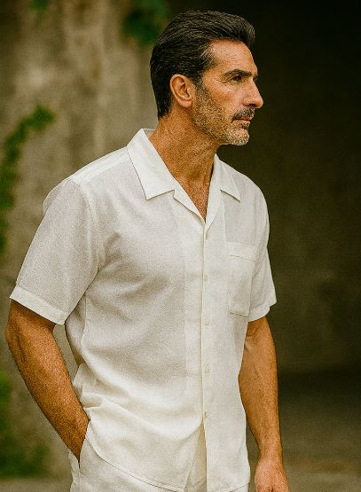 mens-two-piece-white-linen-short-sleeve-two-piece-mens-walking-outfit-