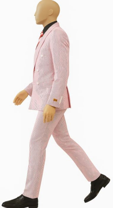 Red Double Breasted Suit - Red and White Pinstripe Suit - Red Seersucker Suit - Cotton Suit