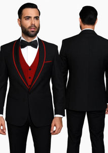 Black with Red Lapel Vested 100% Wool Tuxedo