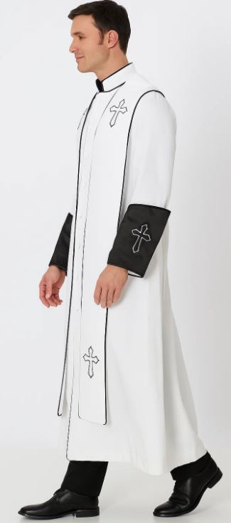 White/Black Cross Accent Robe With Stole Mandarin Suits