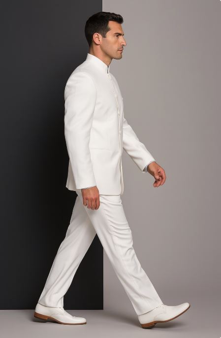 Designer Brand Men'S White 5 Button Mandarin Collar Suits For Men - All White Suit
