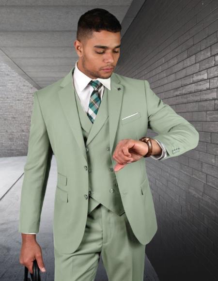 Sage Green Suits - 100% Wool Suit - Light Green Suit Double Breasted V ...