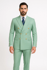 Mens Sage Green Double-Breasted Suits with Gold Button – Formal Slim Fit 2-Piece Pistachio Color
