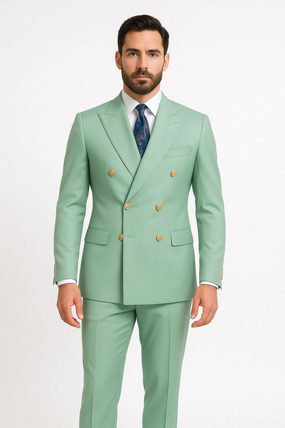 Mens Sage Green Double-Breasted Suits with Gold Button – Formal Slim Fit 2-Piece Pistachio Color