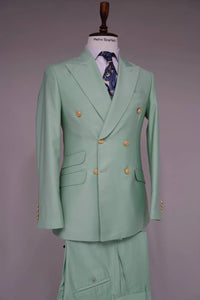 Mens Sage Green Double-Breasted Suits with Gold Button – Formal Slim Fit 2-Piece Pistachio Color