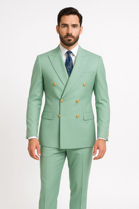 Mens Sage Green Double-Breasted Suits with Gold Button – Formal Slim Fit 2-Piece Pistachio Color